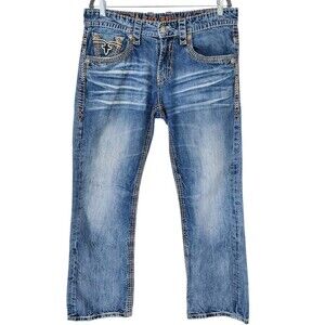 Rock Revival Men's Dan Jeans 33 x 31 Relaxed Straight Thick Stitch Distressed